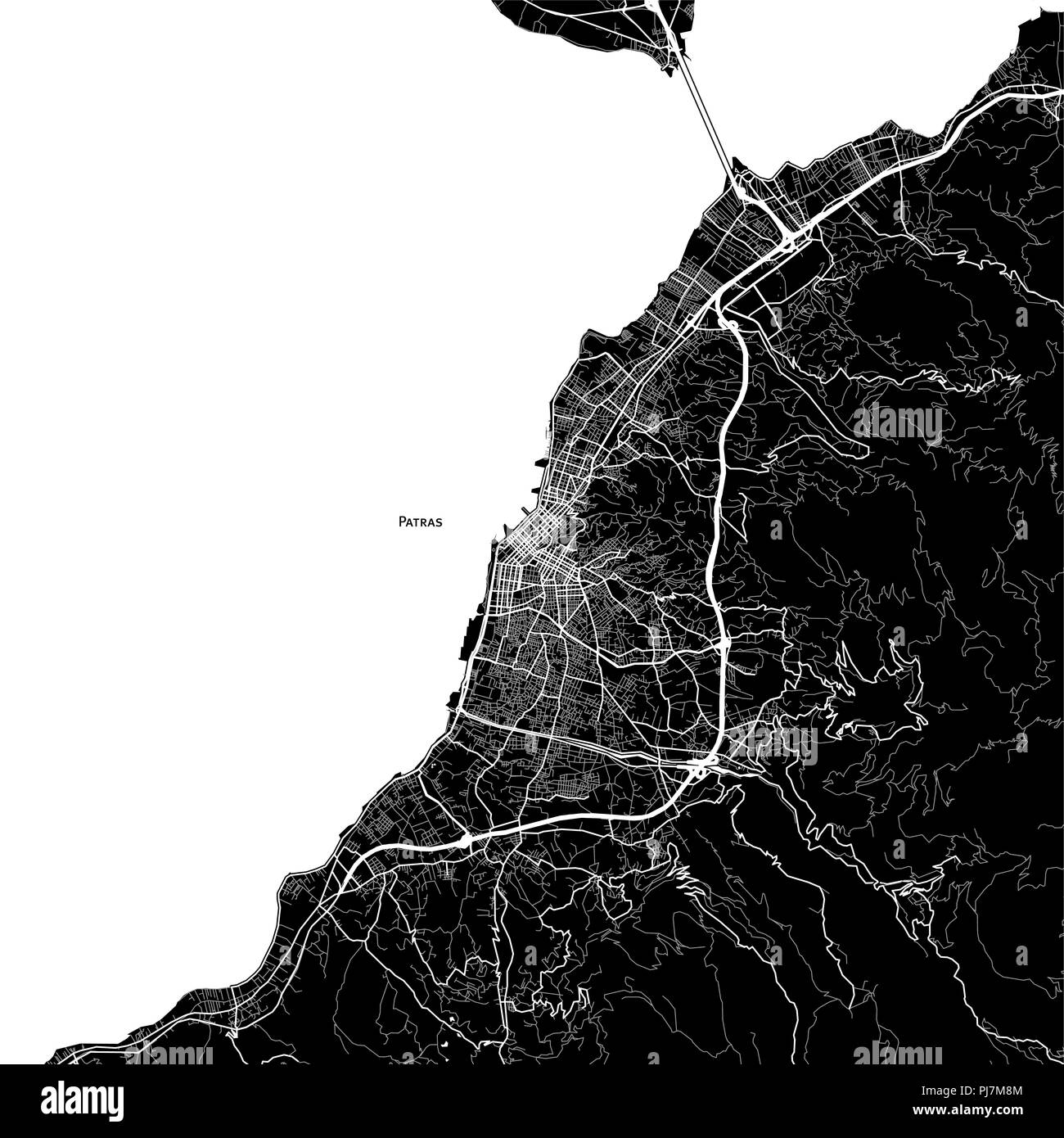Mapa de la zona de Patras, Grecia. Fondo oscuro versión para infografía y proyectos de comercialización. Foto de stock