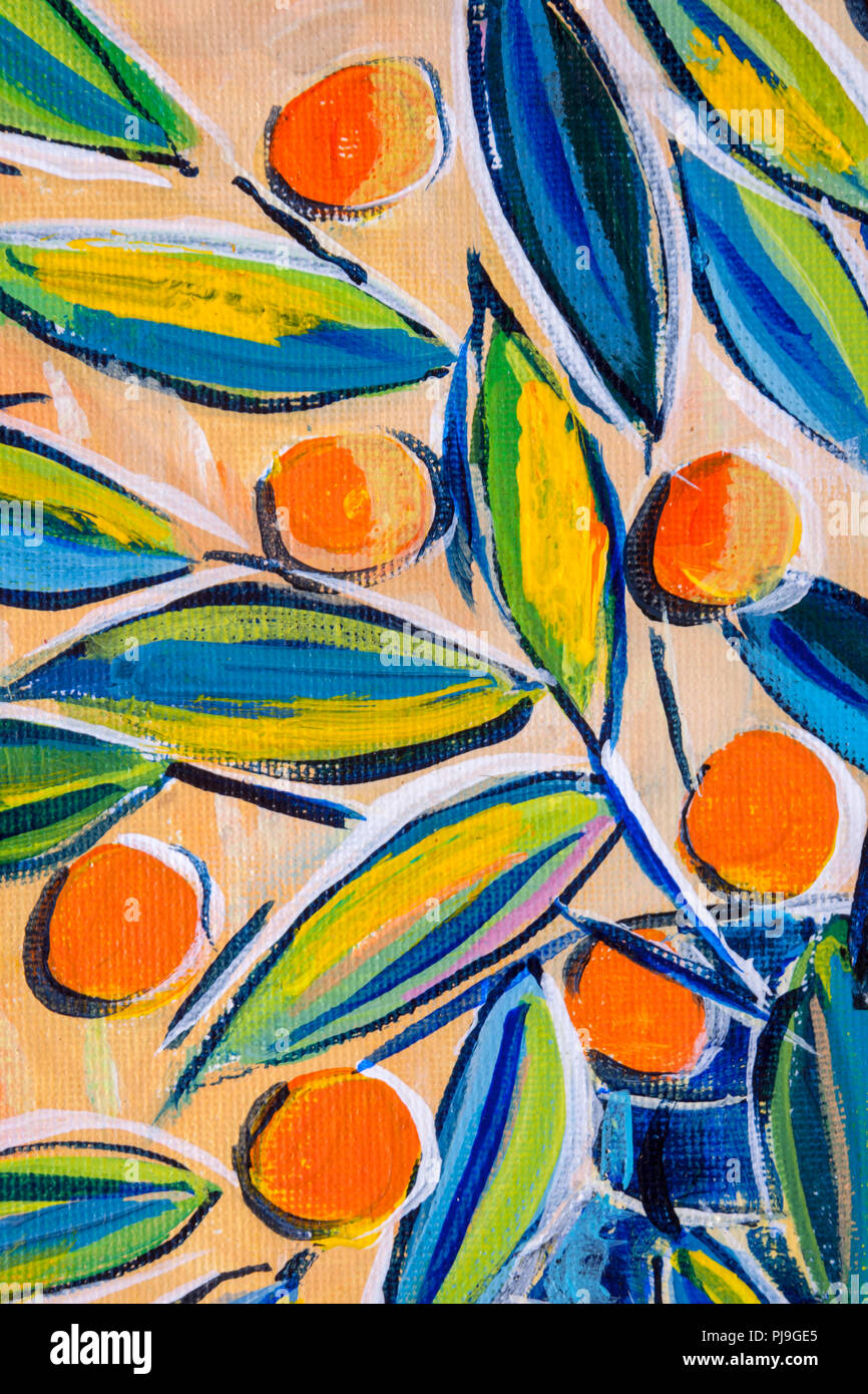 Detalles de pinturas acrílicas que muestra colores, texturas y técnicas.  Expresionistas hojas y bayas de color naranja Fotografía de stock - Alamy