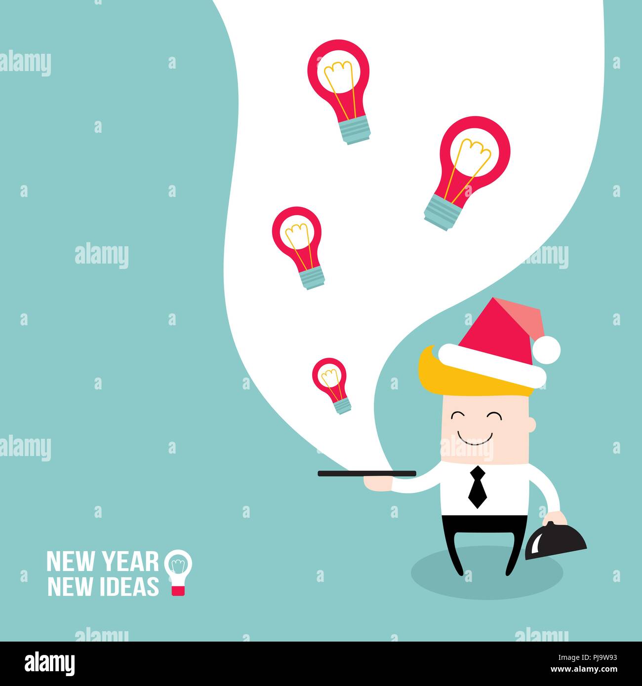 Empresario feliz vestidos de Santa Claus hat y servir ideas sobre la placa. Año Nuevo - nuevas ideas. Feliz Navidad, gente de negocios Ilustración del Vector