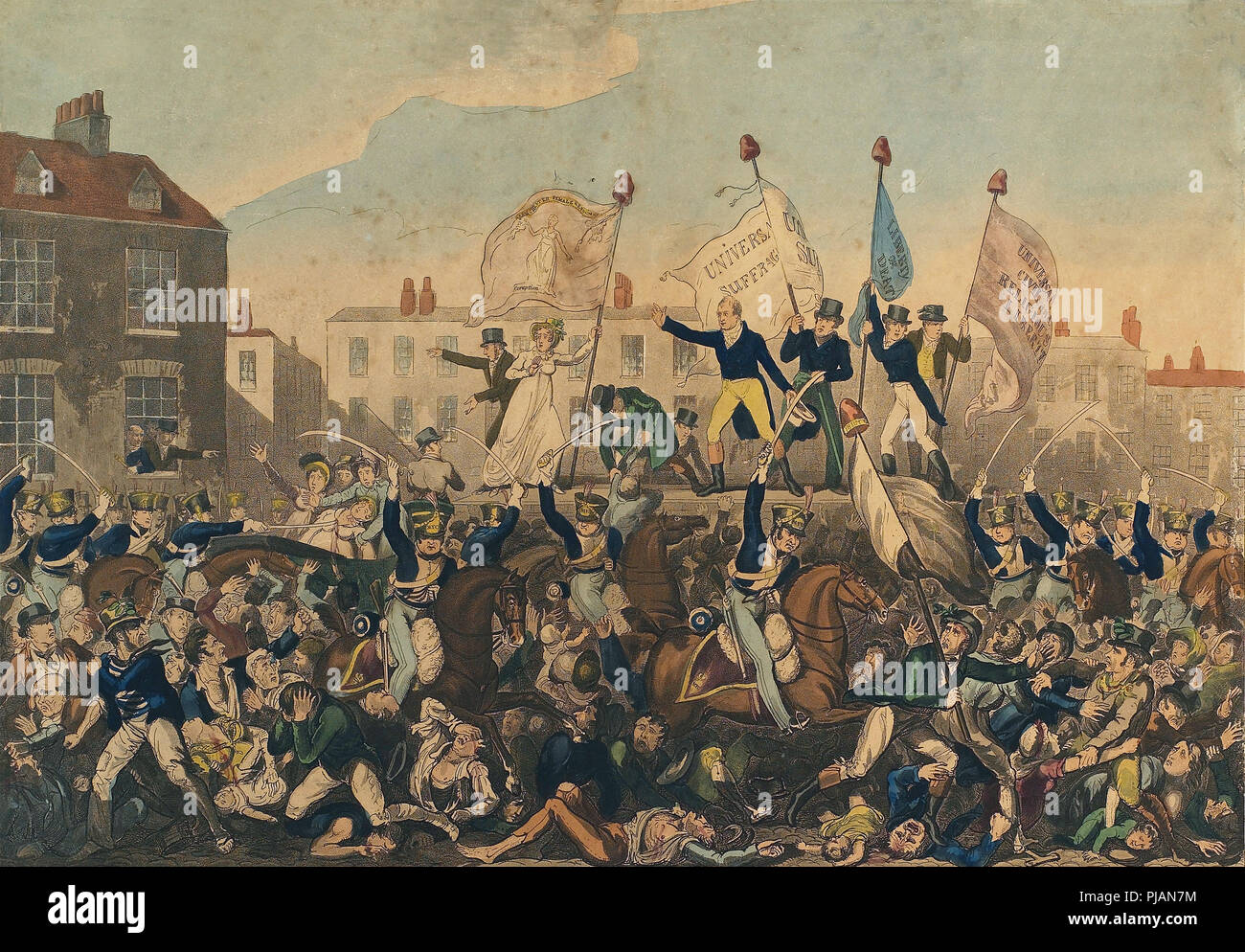 La masacre de Peterloo. La masacre tuvo lugar el 16 de agosto de 1819 en San Pedro el campo, Manchester, Inglaterra, cuando la 15ª Hussars, un regimiento de caballería, cargada con sables arrastrados a una muchedumbre desarmada que exigen la reforma de la representación parlamentaria, matando a 15 e hiriendo a un estimado de 500-plus. Grabado publicado por Richard Carlile, 1 de octubre de 1819. Foto de stock