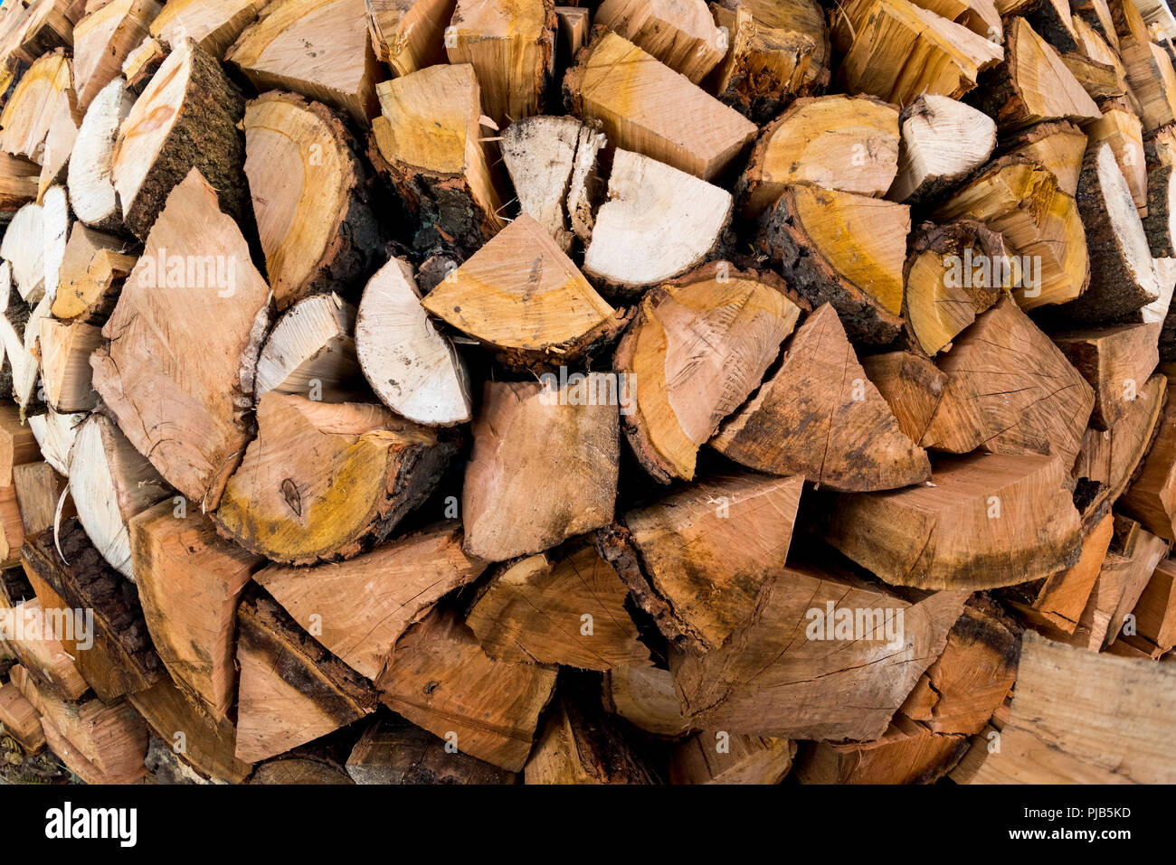 Fisheye Vista de pila de fuego mezclado el secado de la madera para su uso durante el próximo invierno. Foto de stock
