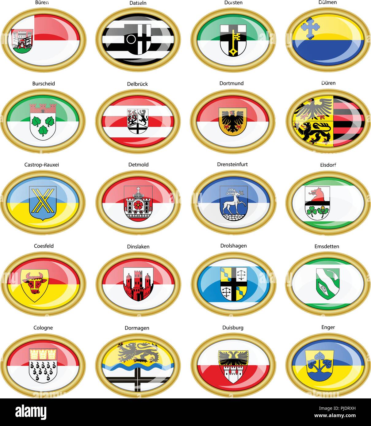 Conjunto de iconos. Banderas de ciudades alemanas (Renania del Norte-Westfalia). Vector. 3D. Ilustración del Vector