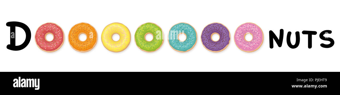 Buñuelos - palabra como imagen con coloridas donuts en lugar de la letra O. colección arco iris de colores. Foto de stock