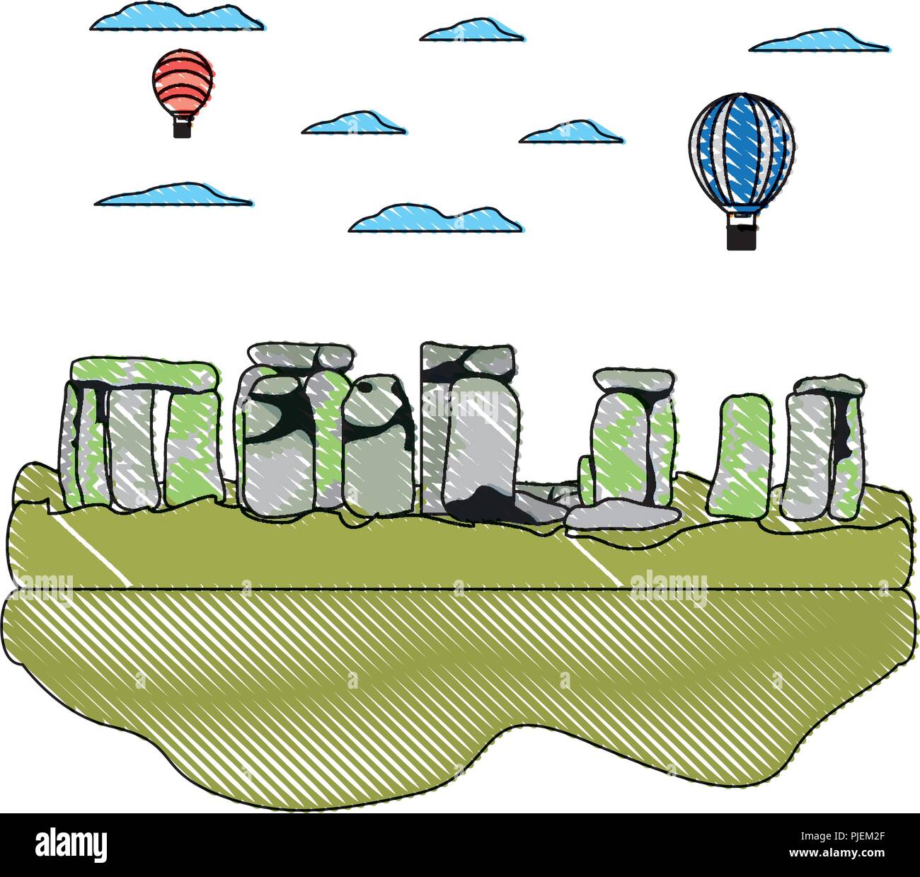 Doodle clásica escultura stonehenge y globos de aire Ilustración del Vector