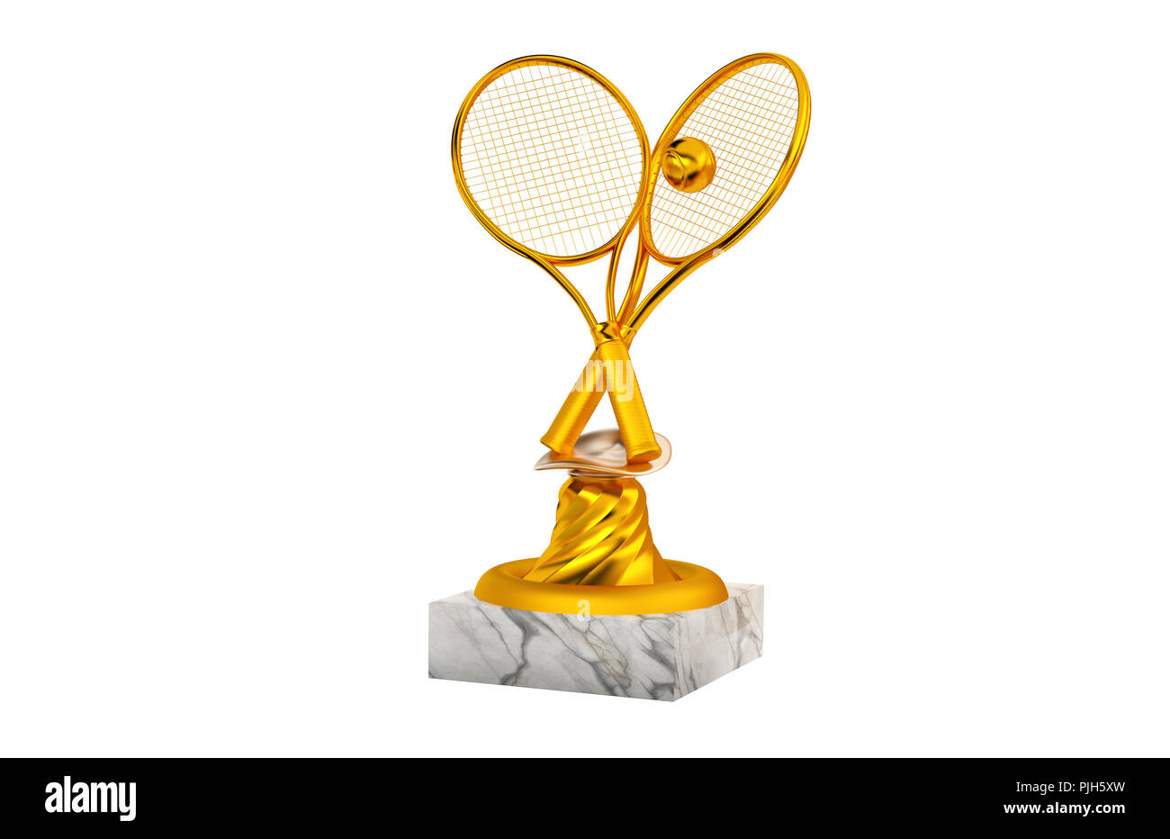 Trofeo de Oro de tenis con la raqueta y la pelota sobre un fondo blanco  Fotografía de stock - Alamy
