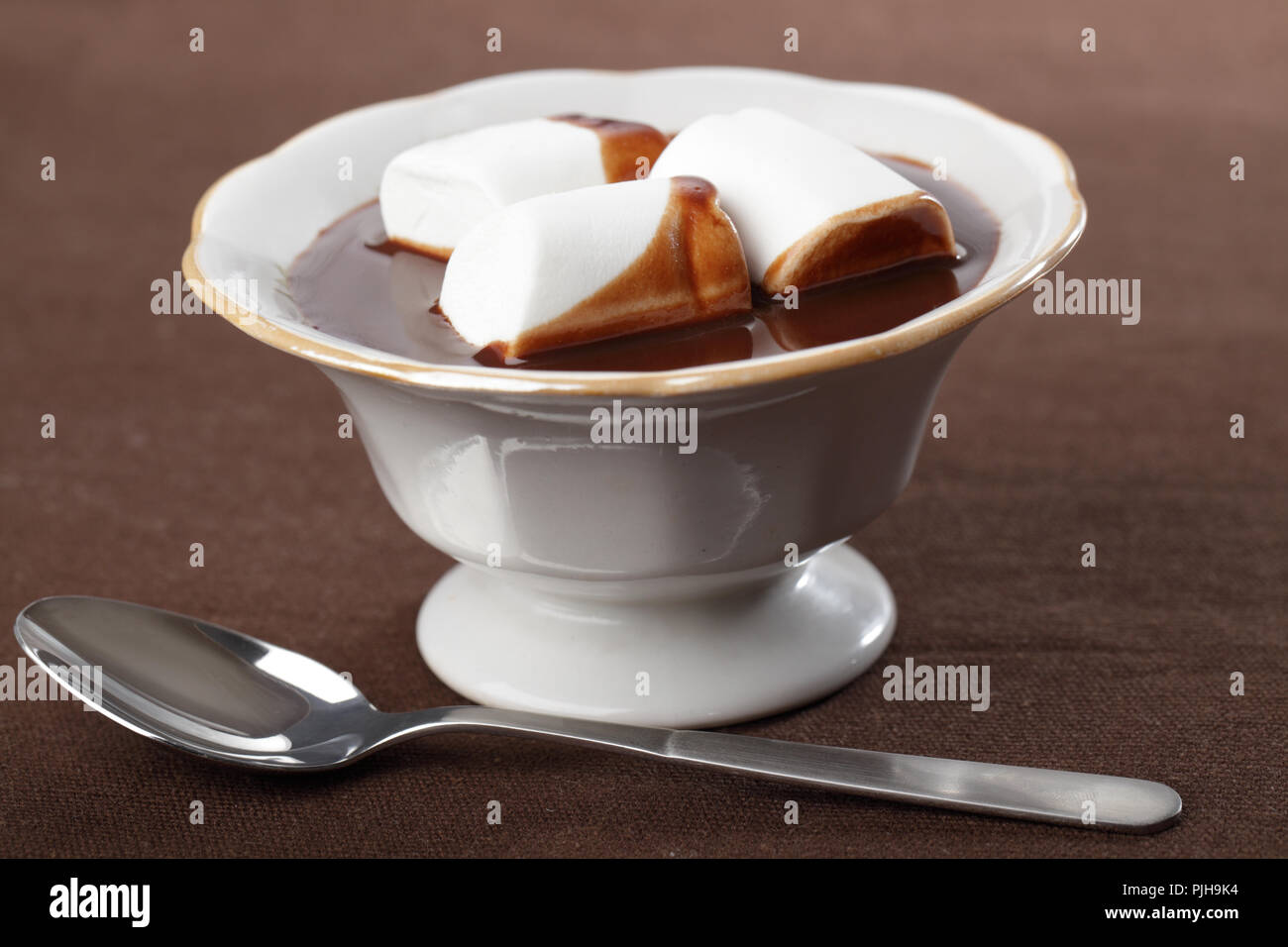 Chocolate caliente con malvavisco blanco en el recipiente Foto de stock