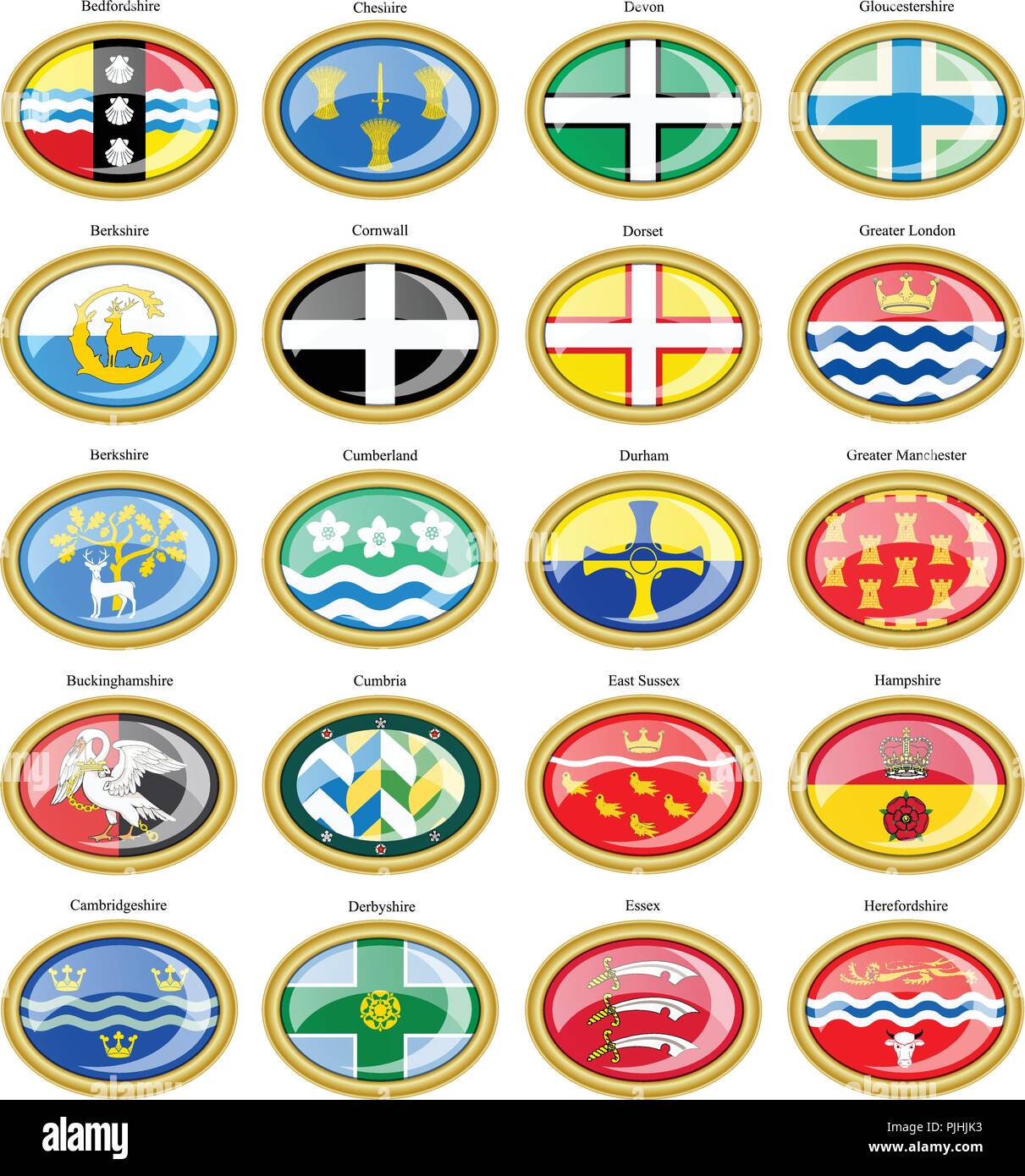 Conjunto de iconos. Condados de Inglaterra banderas. 3D. Ilustración del Vector