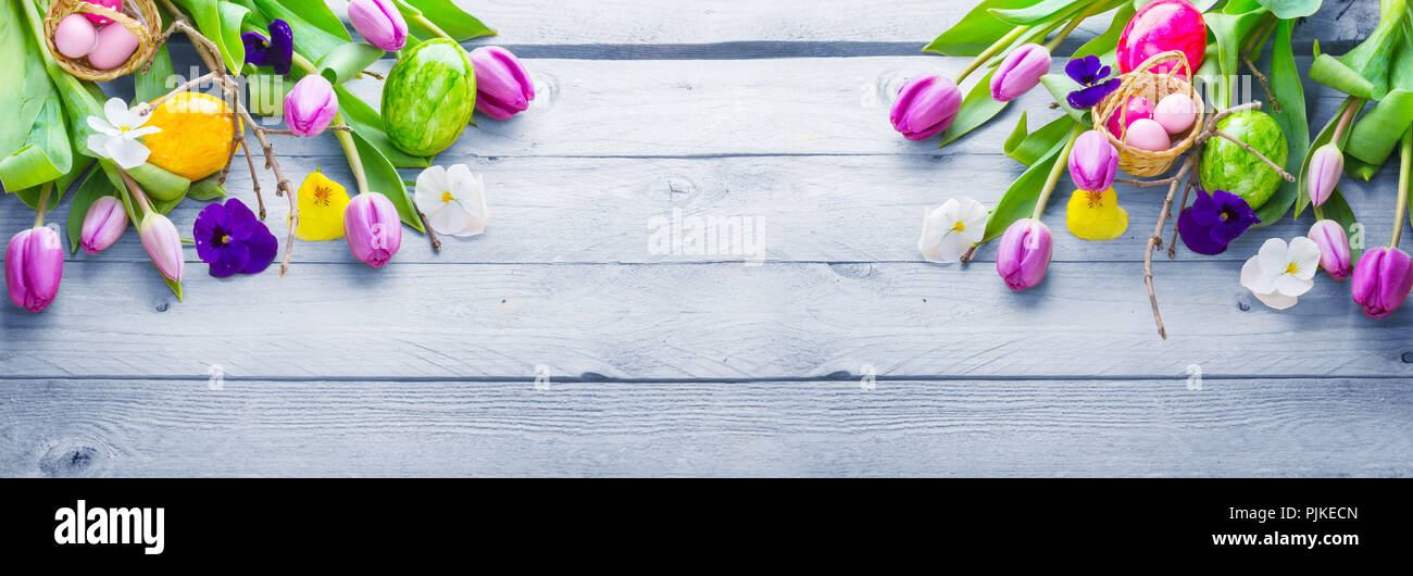 Fondo de Pascua, flores de primavera y los huevos de pascua en madera, banner Foto de stock