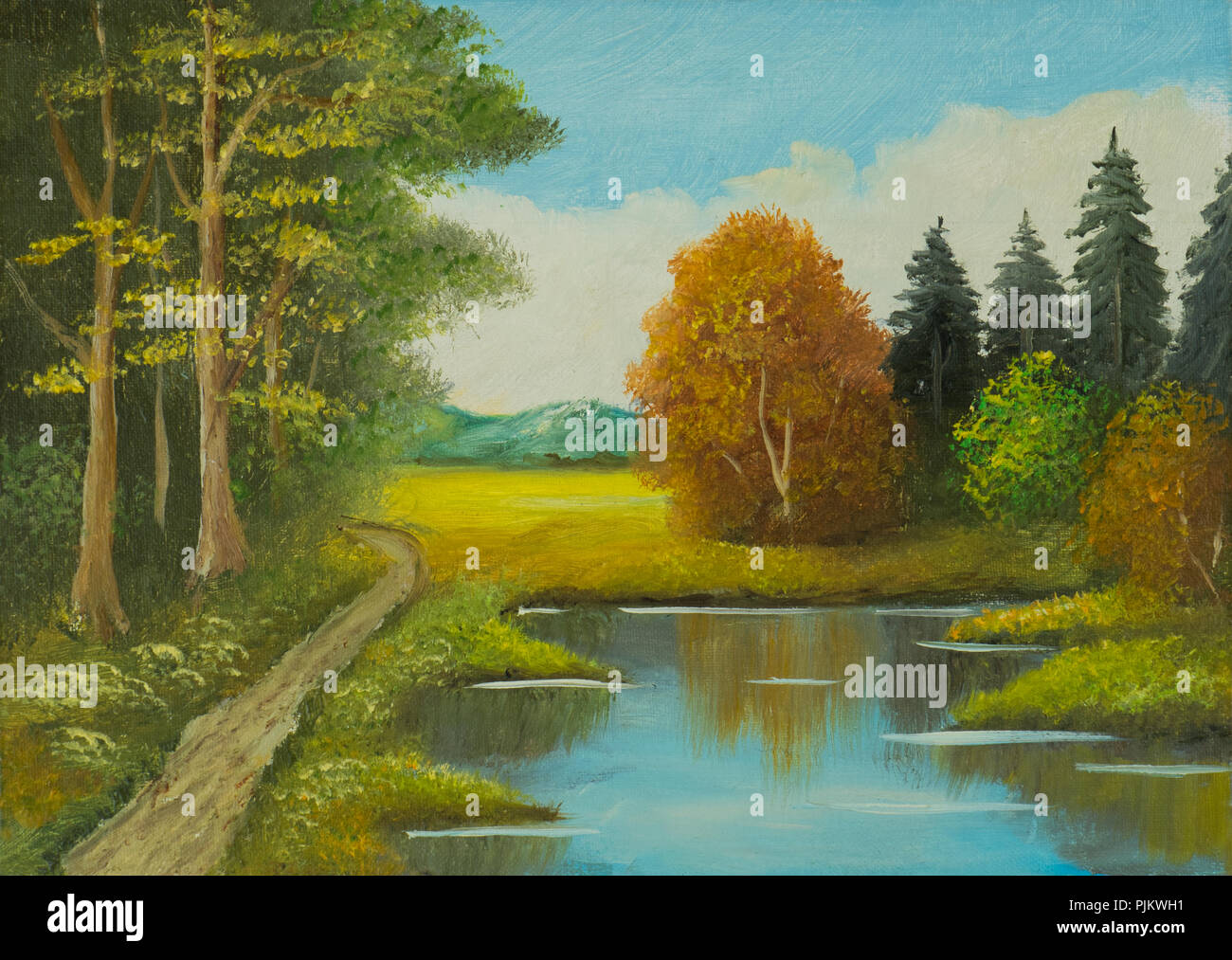 Pintura al óleo de un paisaje con árboles y una ruta en el río Foto de stock