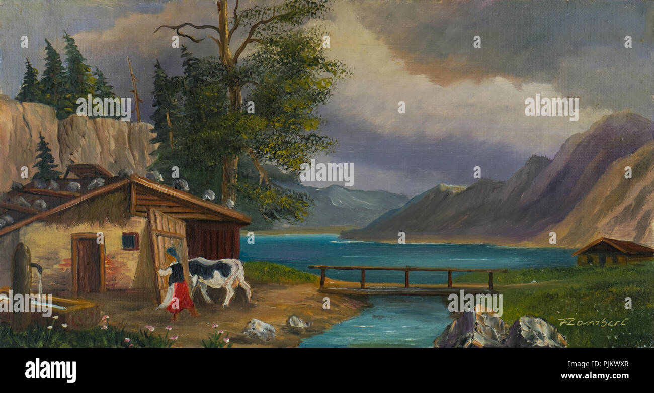 Pintura al Óleo - mujer lleva a la vaca en el establo de un lago Foto de stock