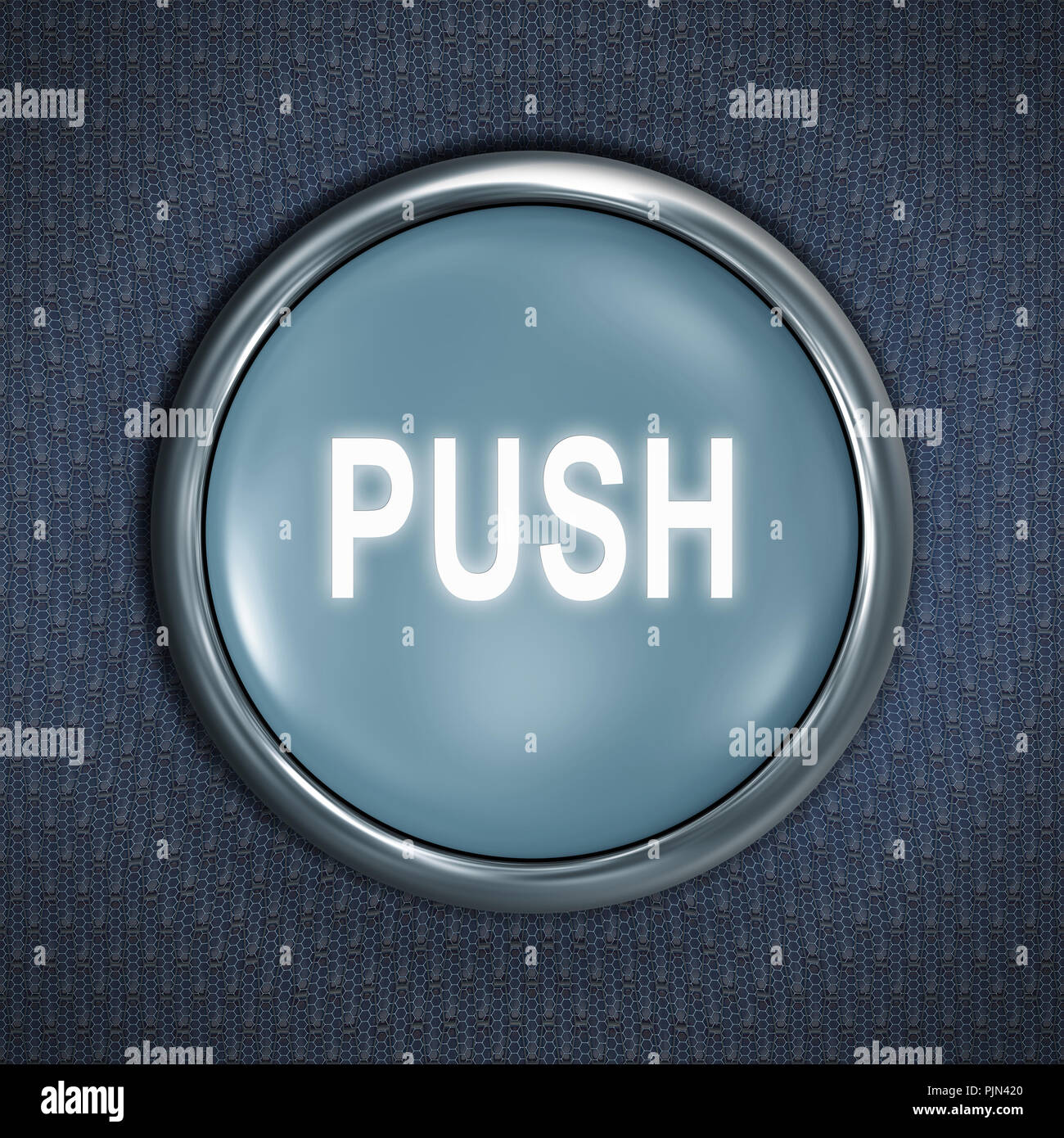 "Un botón azul con la etiqueta: ''Push''', Ein blauer Knopf mit der Aufschrift: 'Push' Foto de stock