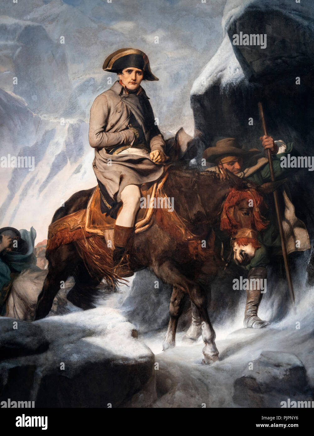 Napoleón Bonaparte cruzando los Alpes por Paul Delaroche, 1848. Foto de stock