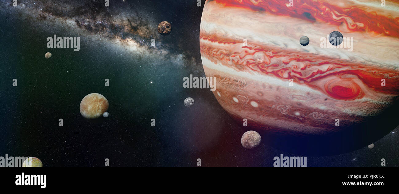 Planeta Júpiter con algunas de las 69 lunas conocidas con la galaxia de la Vía Láctea (espacio 3D ilustración, elementos de esta imagen son amuebladas por NASA). Foto de stock