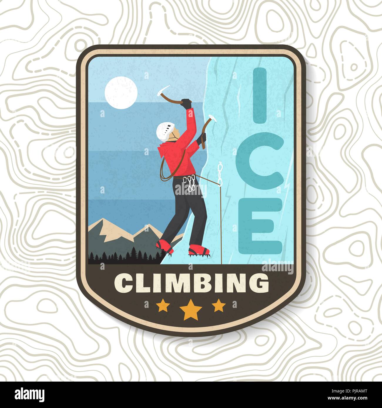 Insignia para la escalada en hielo. Ilustración vectorial. Concepto de camisa o logotipo, impresión, sellos o tee. Diseño de tipografía Vintage con escalador de montañas sobre el hielo. Aventura al Aire Libre. Ilustración del Vector