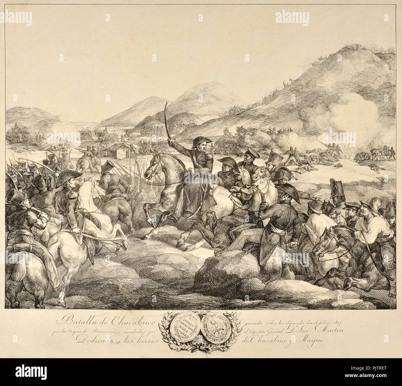 La batalla de Chacabuco. Litografía de Géricault. Foto de stock