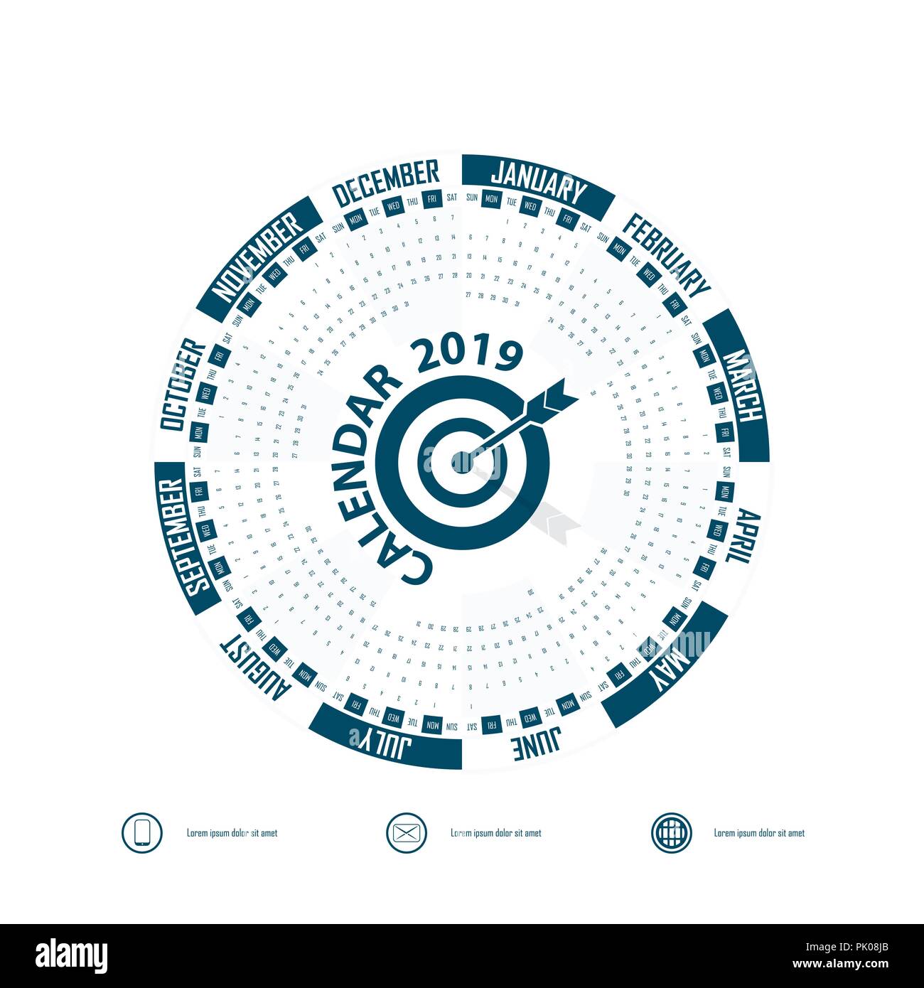 2019 Calendar Templatecírculo Calendar Templatecalendario 2019 De 12 Mesesempieza Desde El 4800