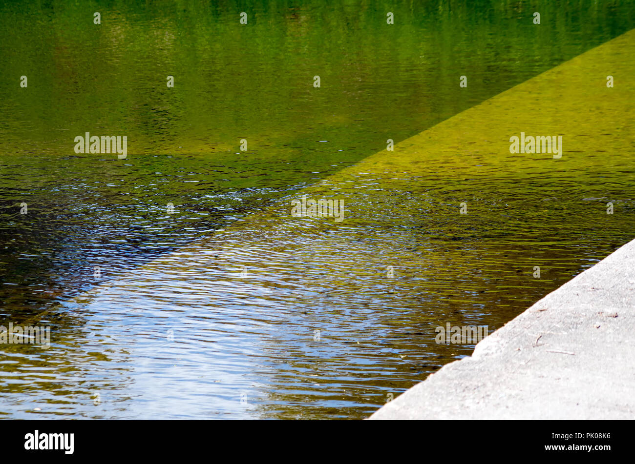 Verde, ámbar y oro, colores reflejados en la superficie rugosa de un cuerpo de agua, fondo, ver tres. Foto de stock