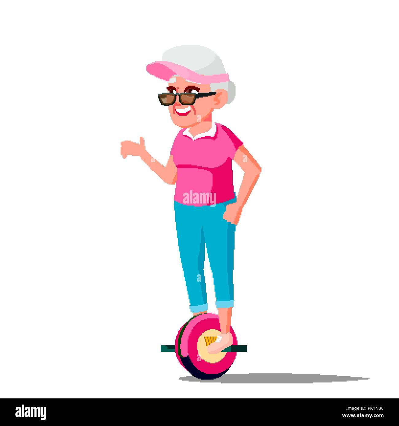Anciana en Hoverboard Vector. Montar en moto giroscópica. One-Wheel  Self-Balancing Scooter eléctrico. Persona positiva. Ilustración aislada  Imagen Vector de stock - Alamy
