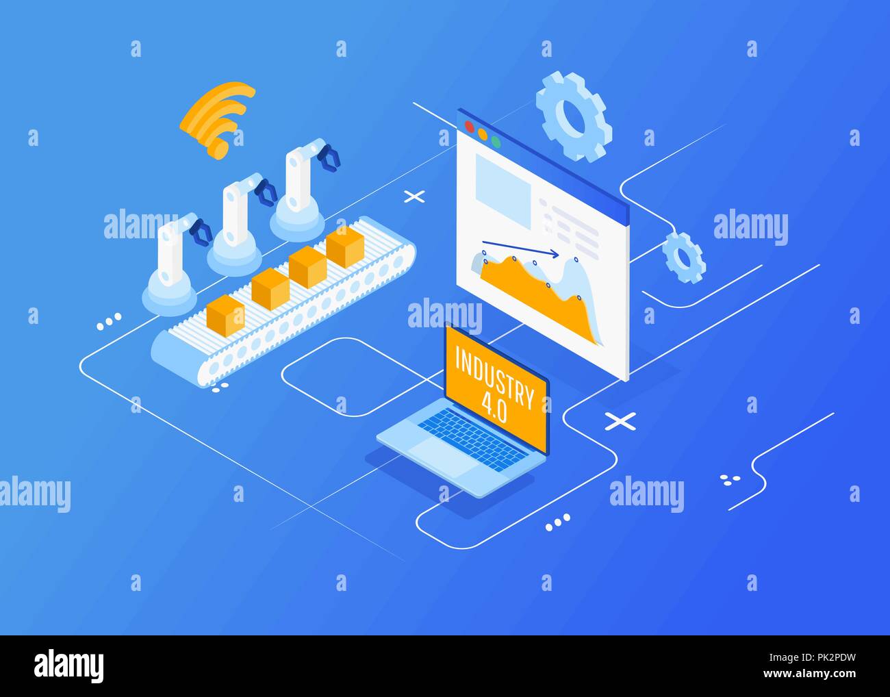 Automatización de Fábrica, Industria isométrica 4.0, Internet de las cosas, la ilustración vectorial para dispositivos conectados mediante diferentes símbolos Ilustración del Vector