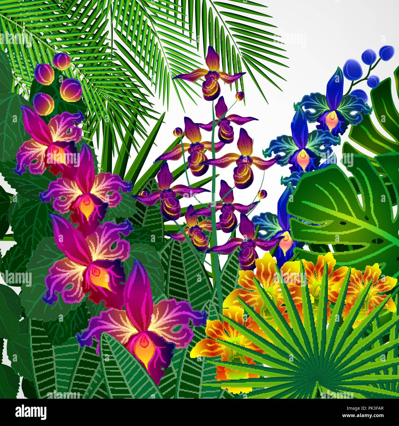 Hojas y flores tropicales. Diseño floral de fondo Imagen Vector de stock -  Alamy