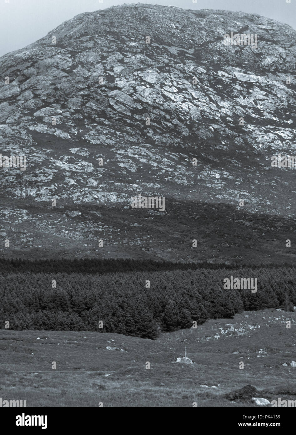 Blanco y negro, paisaje de bosques y montañas remotas en Connemara, Condado de Galway, Irlanda Foto de stock