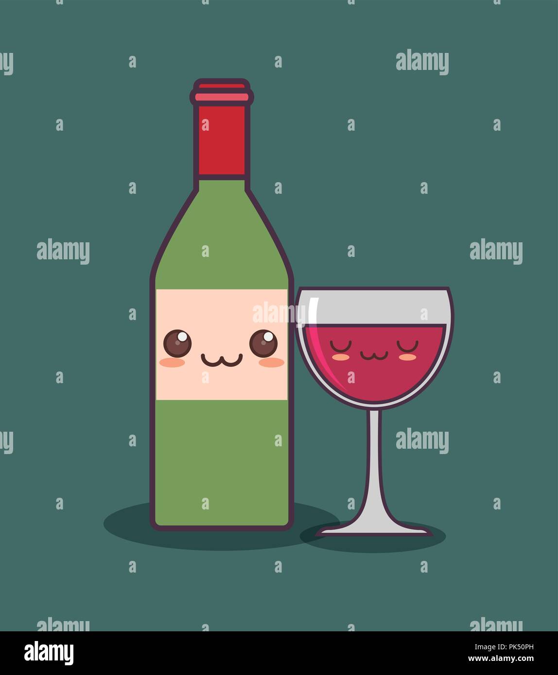Botella de vino y la taza kawaii ilustración Vectorial character design  Imagen Vector de stock - Alamy