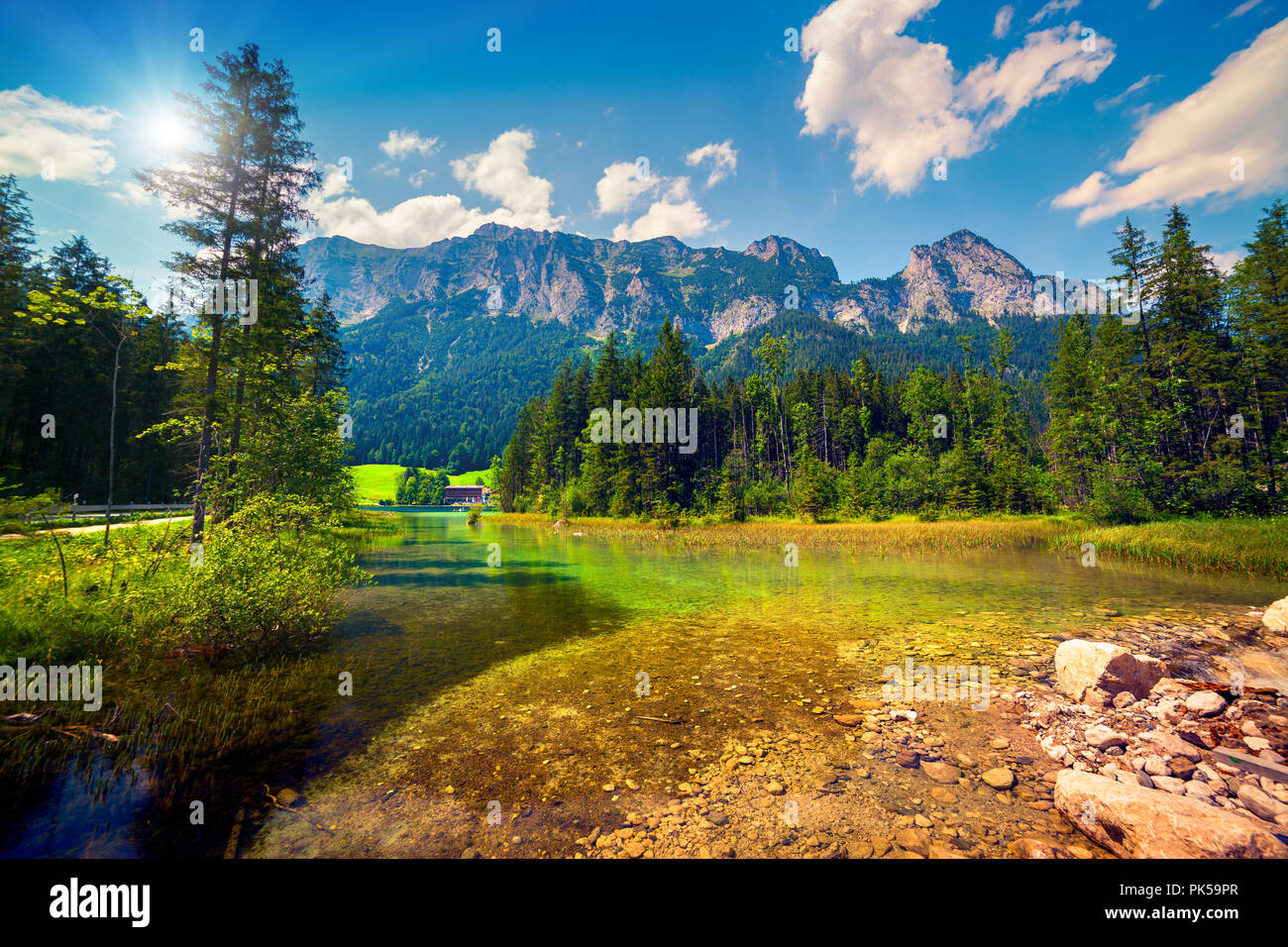 Soleada mañana de verano en el lago Hintersee en Alpes austríacos. Foto de stock