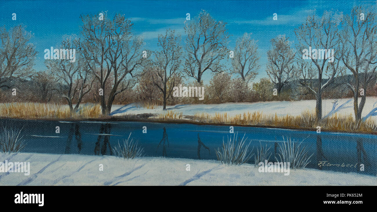 Pintura al Óleo - un paisaje invernal cubierto de nieve con el río y los árboles en el fondo Foto de stock