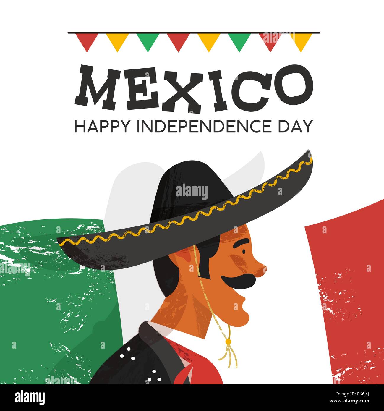 Día de la independencia de México ilustración del mariachi tradicional  personaje. Dibujados a mano hombre mexicano con sombrero y ropa típica en  la bandera del país backg Imagen Vector de stock -