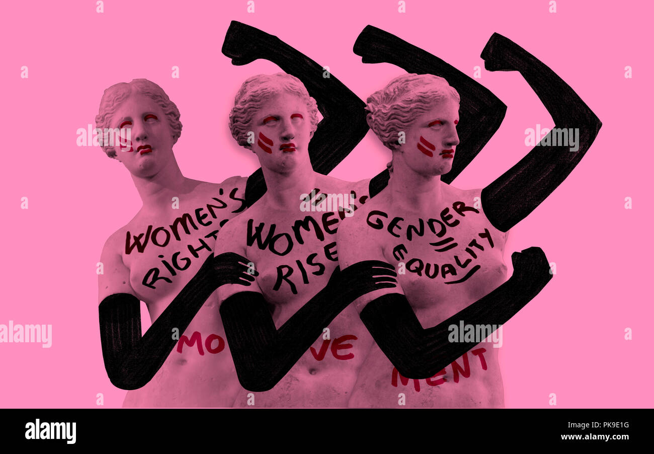 Movimiento feminista por los derechos de la mujer. Las mujeres luchan por cambiar la visión clásica de la mujer. Movimiento por los derechos de la mujer. Ilustración conceptual. Foto de stock