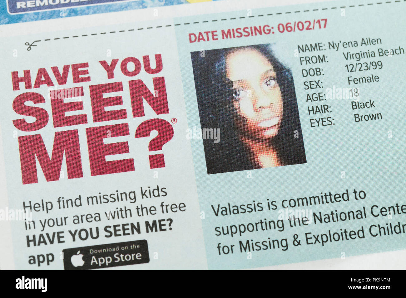 Me has visto anuncios de chica desaparecida (niños desaparecidos, niños perdidos, desaparecidos, los desaparecidos) - EE.UU. Foto de stock