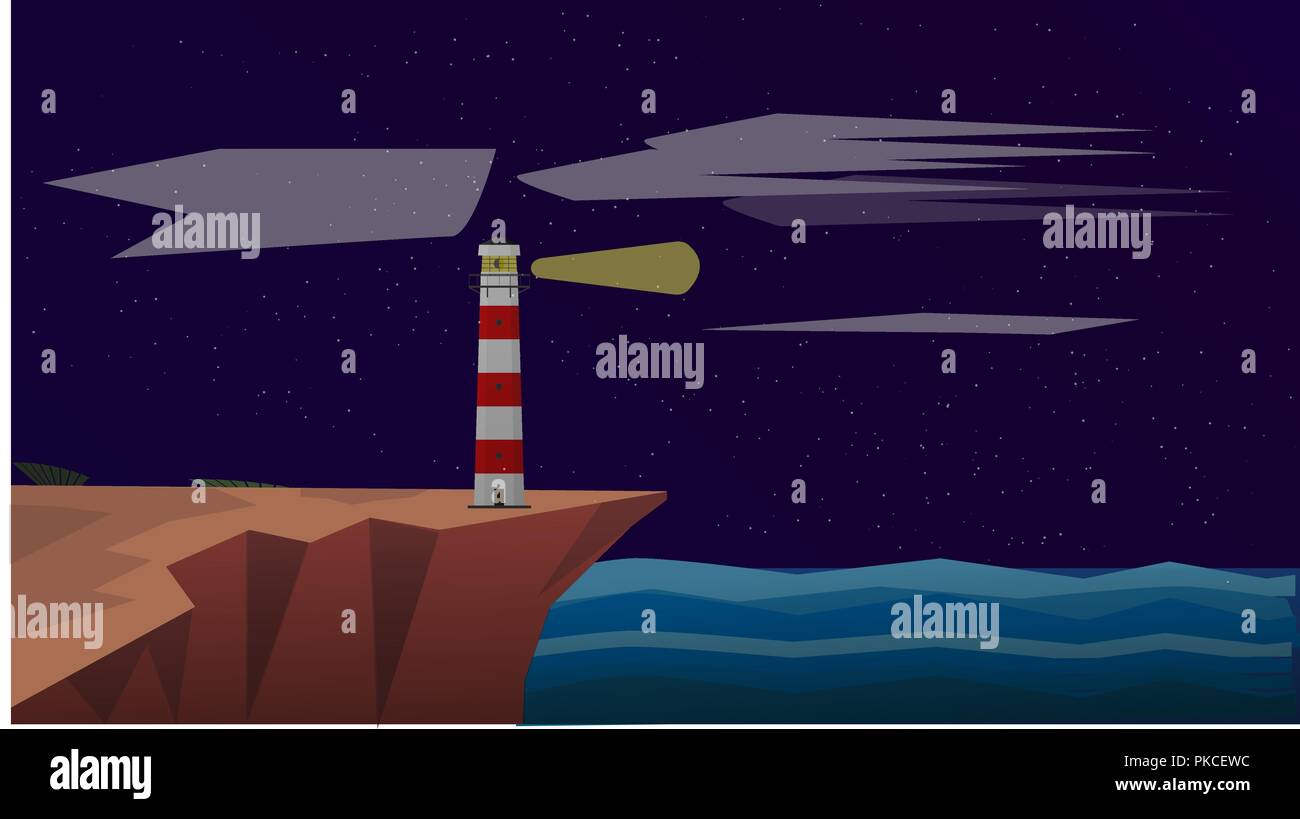 Faro sobre el mar en la noche.ilustración vectorial. Faro de fondo. Ilustración del Vector