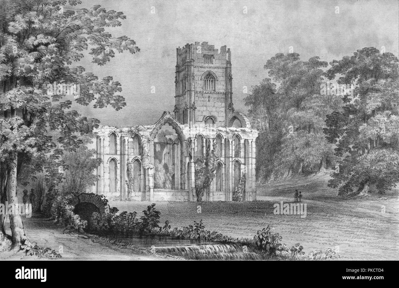 Fountains Abbey, 1840. Artista: W Monkhouse. Foto de stock
