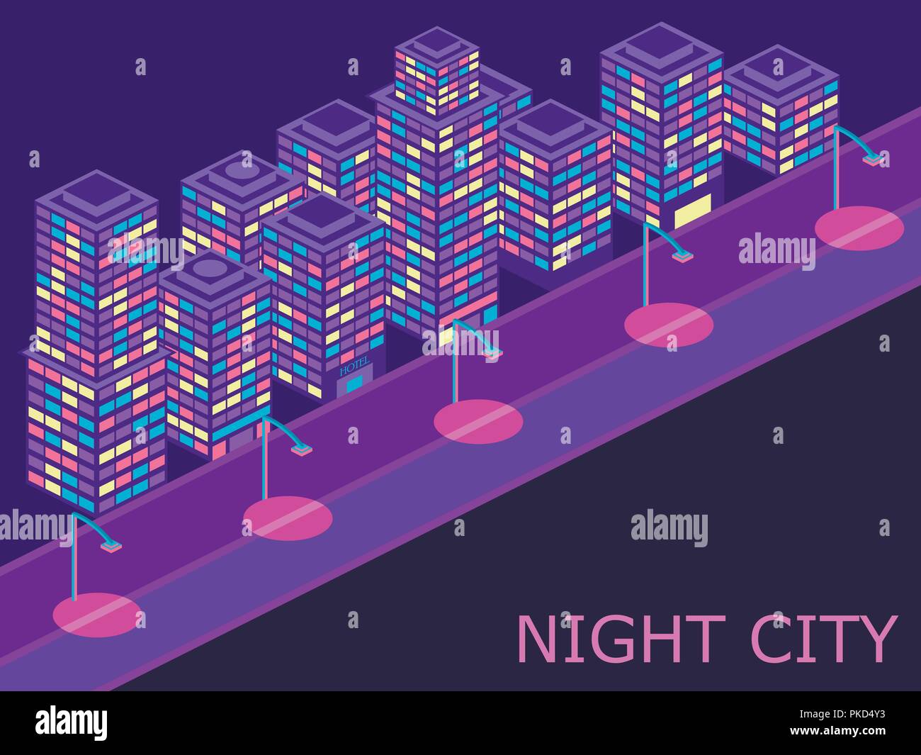 Paisaje urbano con edificios isométrica linternas y carretera. Color violeta. Vector illustraion Ilustración del Vector