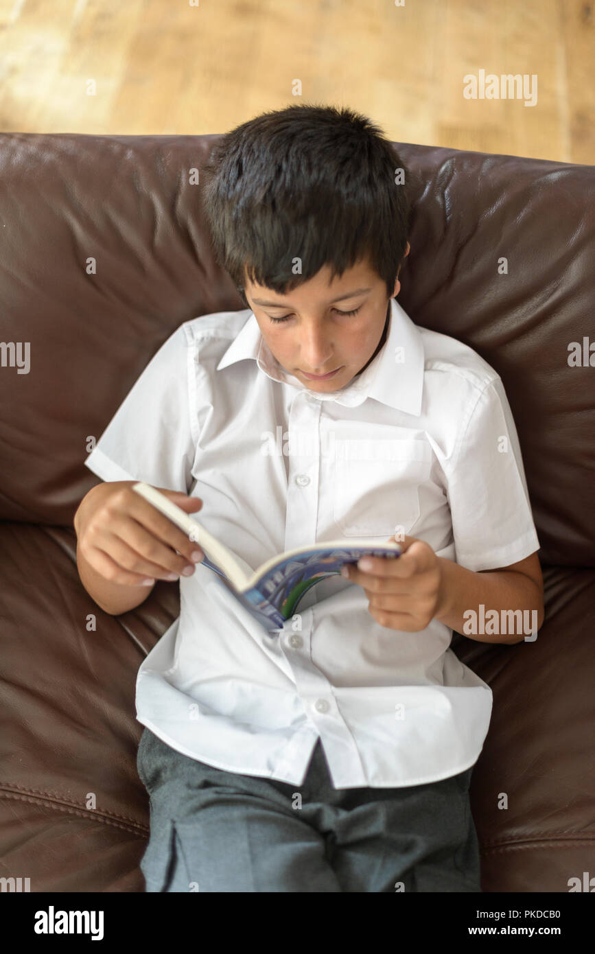 Surrey, UK-joven,10 años en uniforme escolar la lectura en casa elevada ver Foto de stock