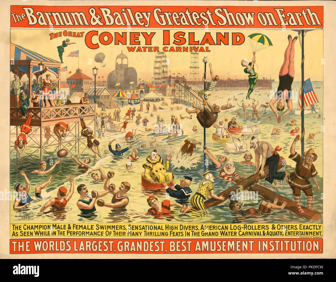 El Barnum & Bailey mayor espectáculo de la Tierra el gran Carnaval de agua de Coney Island. Cartel muestra personas en trajes, incluidos los payasos, actuando en la playa. Foto de stock