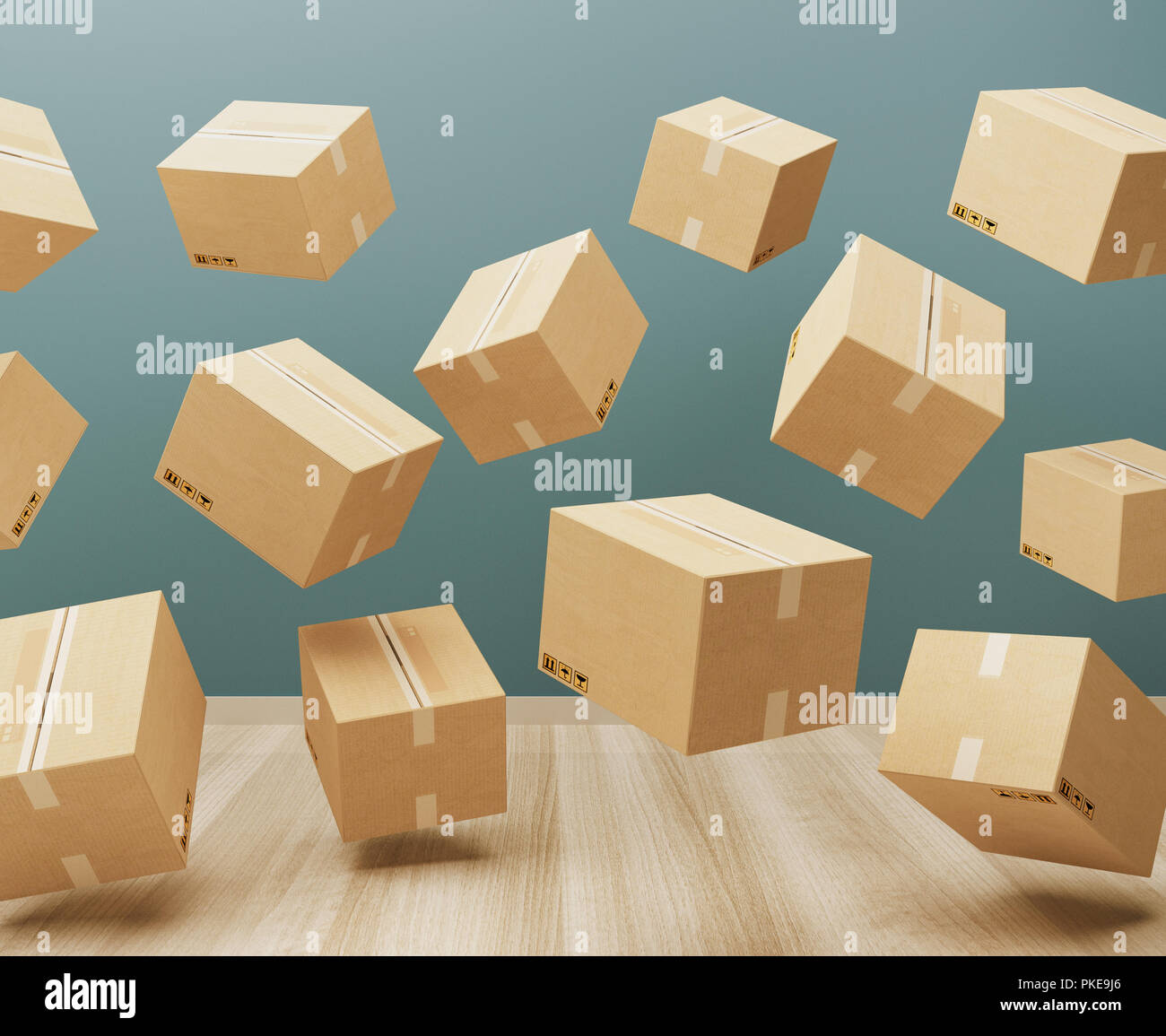 Envío de cajas en una sala 3D Render ilustración Foto de stock