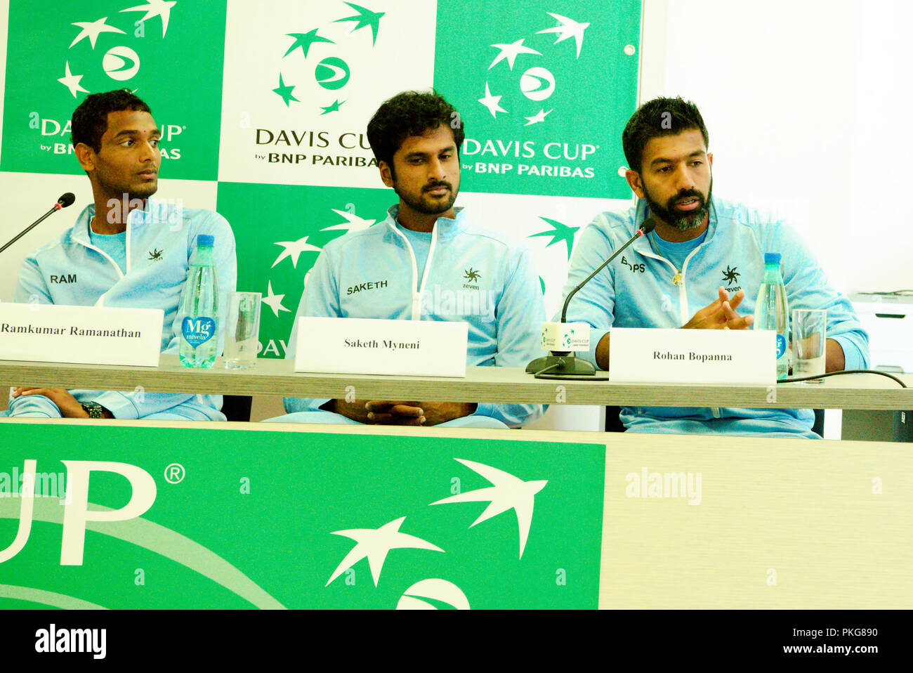 Kraljevo, Serbia. 13 de septiembre de 2018. Rohan Bopanna, habla en la conferencia de prensa, durante las vistas previas de la Copa Davis de Tenis 2018 play-off del grupo mundial de Ronda en el centro Sportski Ibar en Kraljevo, Serbia. Crédito: Karunesh Johri/Alamy Live News, Foto de stock