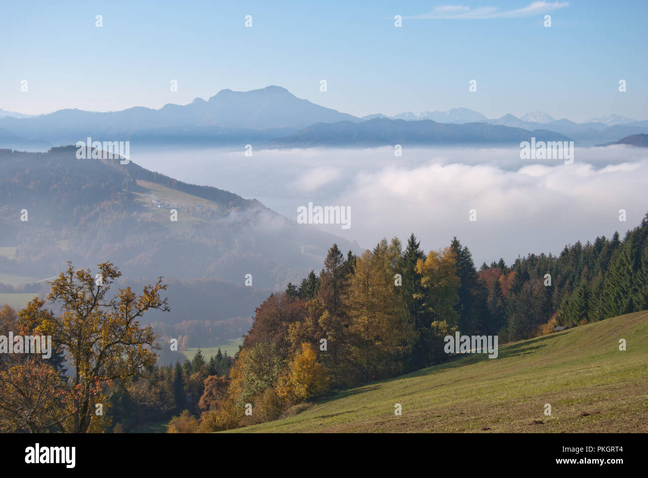 Paisaje otoñal con montañas brumosas a través del valle cubierto de niebla en el clima soleado de los Alpes. Foto de stock