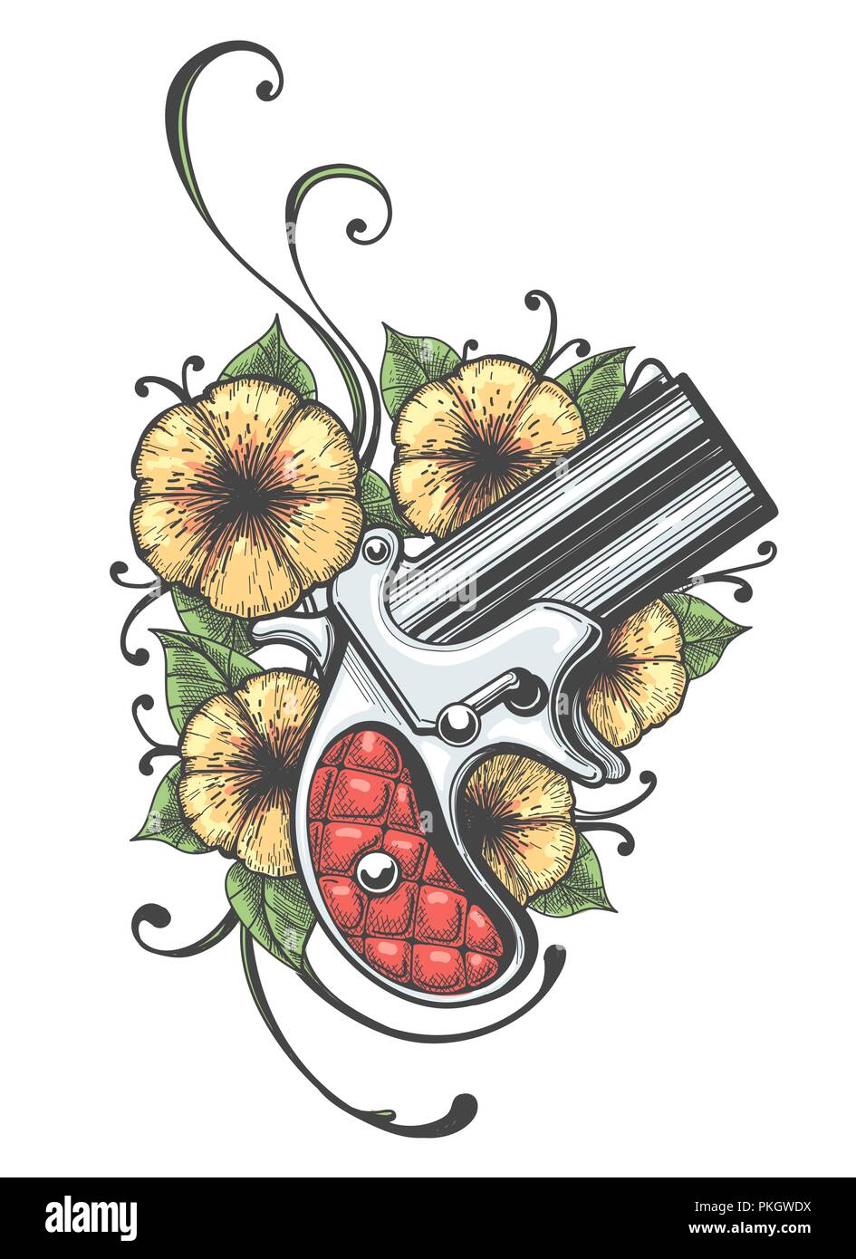 Pistola de bolsillo y flores dibujadas en el estilo de tatuaje. Ilustración vectorial. Ilustración del Vector