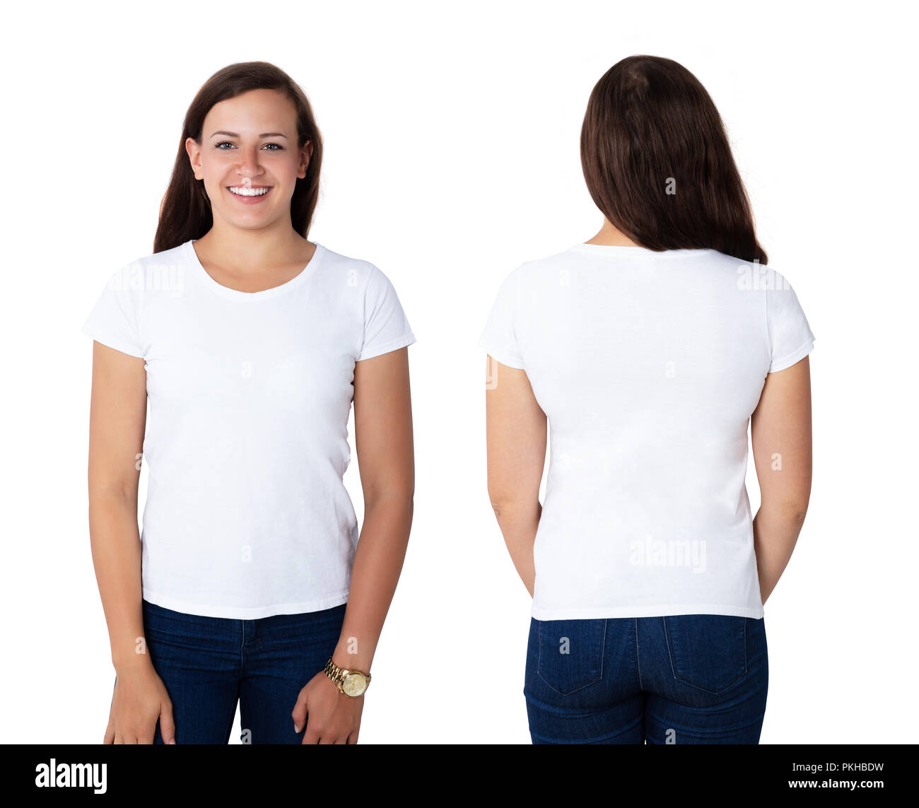 Vista frontal y trasera de una mujer feliz en T-shirt blanco
