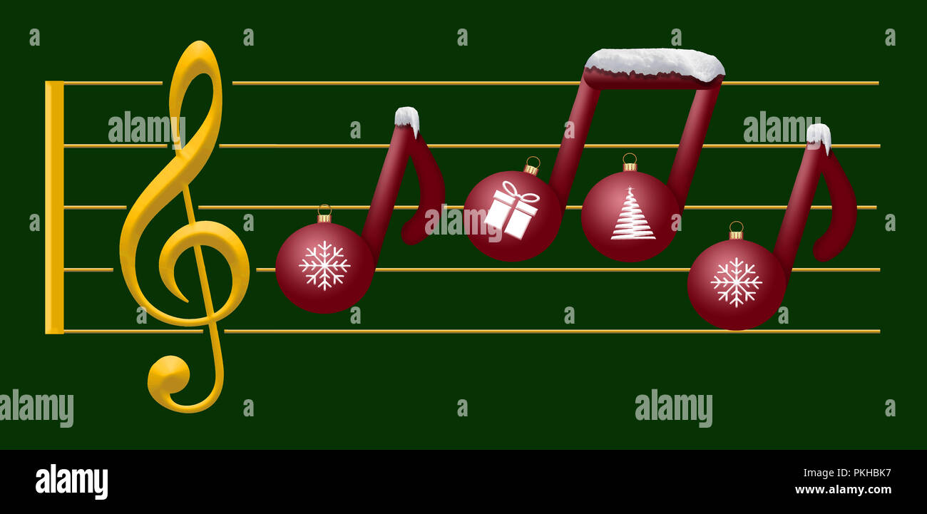 Las notas musicales de adornos navideños flotar en un clef agudo en