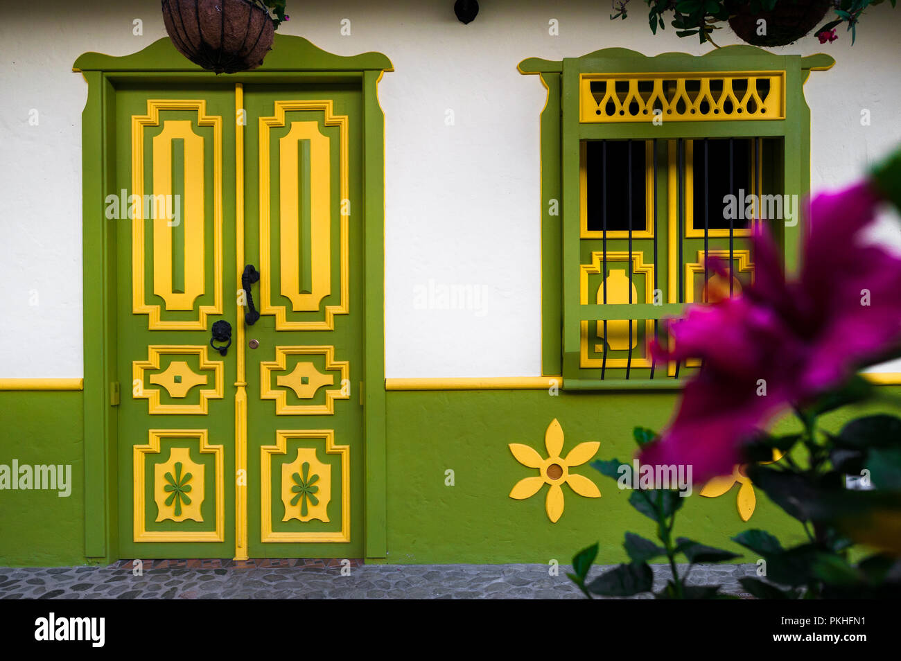 Una flor morada es visto crecer en frente de una casa colonial pintadas en  Jericó, una aldea en la zona cafetera (Zona Cafetera de Colombia, 2  Fotografía de stock - Alamy