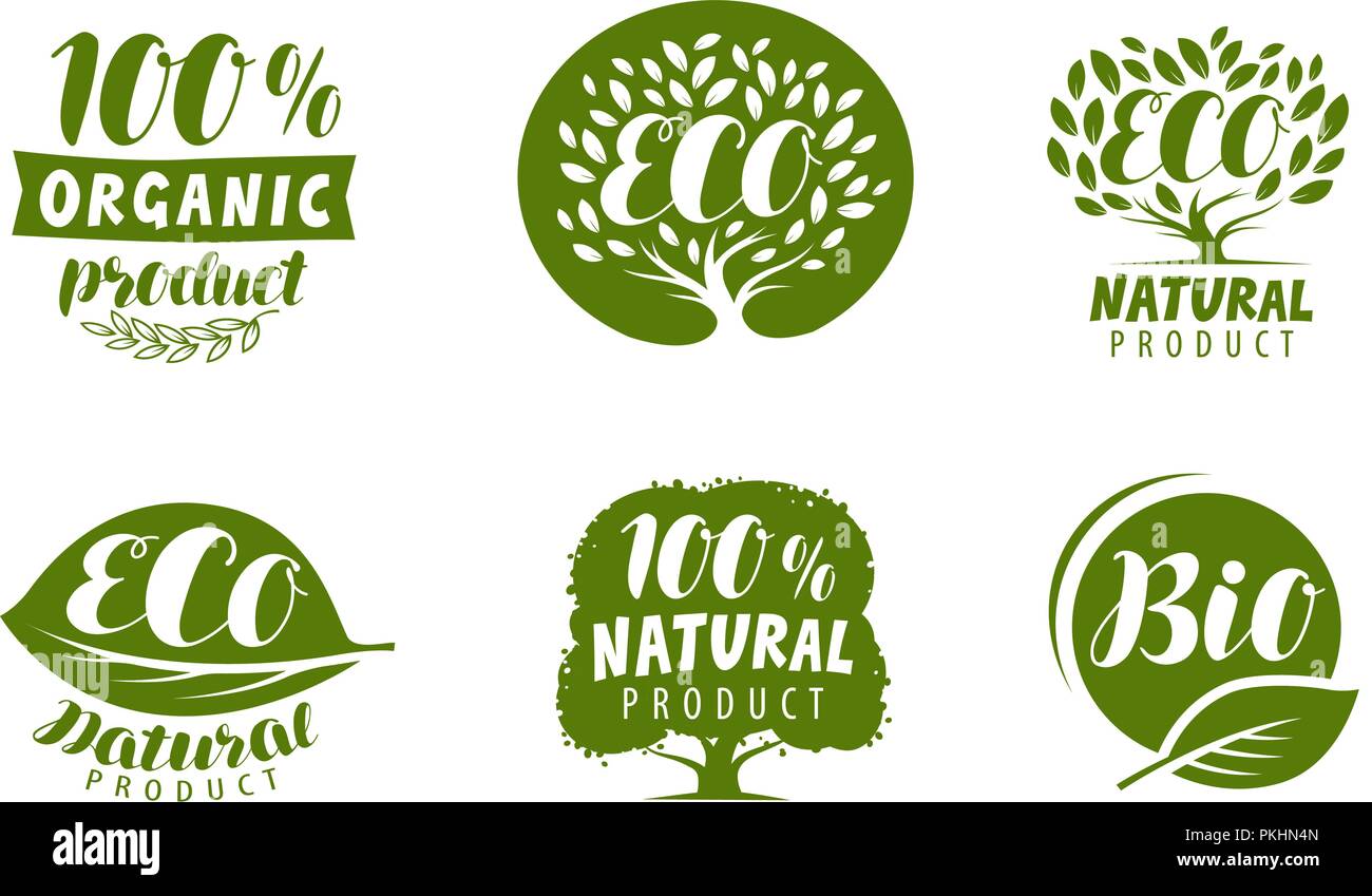 Bio, eco o la etiqueta de logotipo. Producto natural y orgánico, insignias, vector set Ilustración del Vector