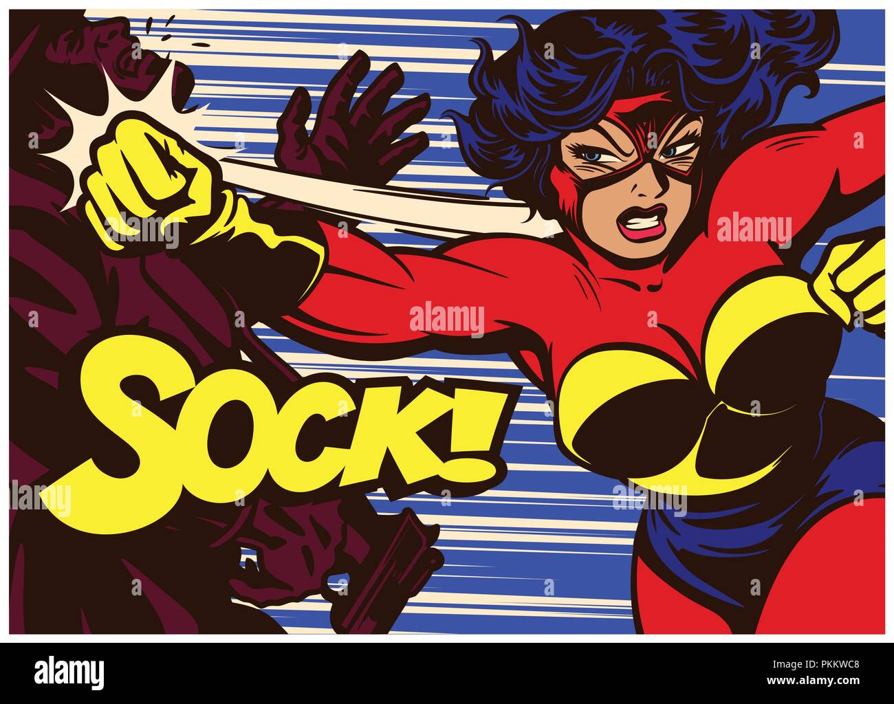Pop art comic con panel super heroína luchando, lanzando puñetazos y golpes supervillain vector ilustración póster Ilustración del Vector