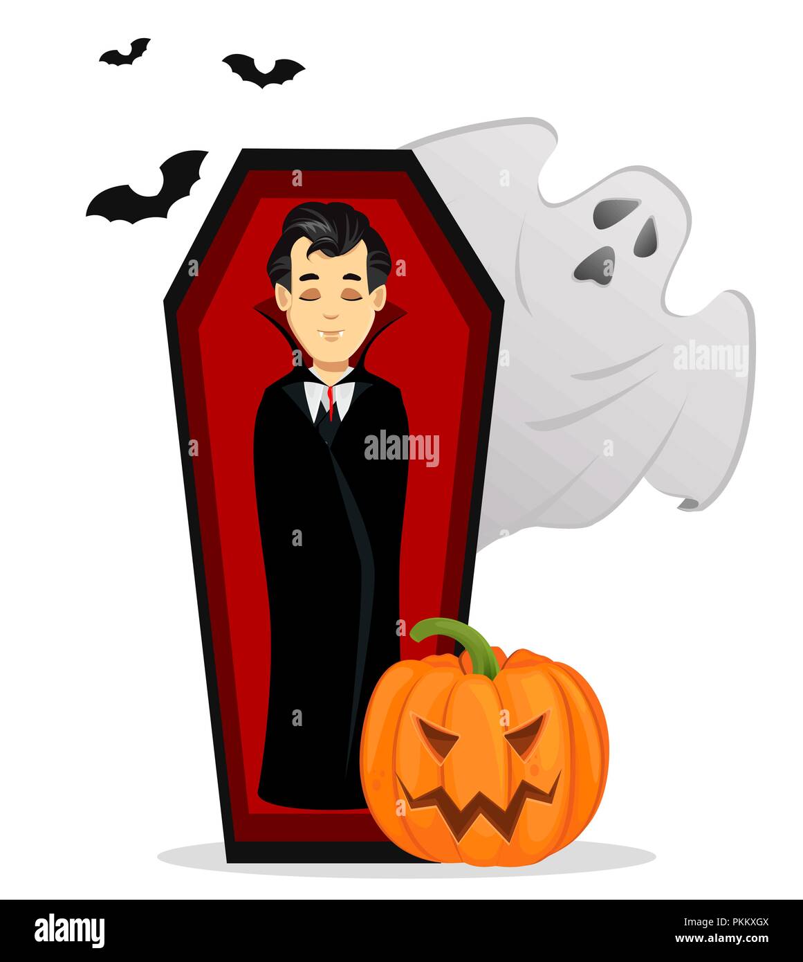 Feliz Halloween. Personaje de dibujos animados Vampiros vestidos de negro y  rojo cape y durmiendo en el ataúd. Utilizable para invitaciones, carteles,  prospectos, tarjeta de felicitación. Vec Imagen Vector de stock -