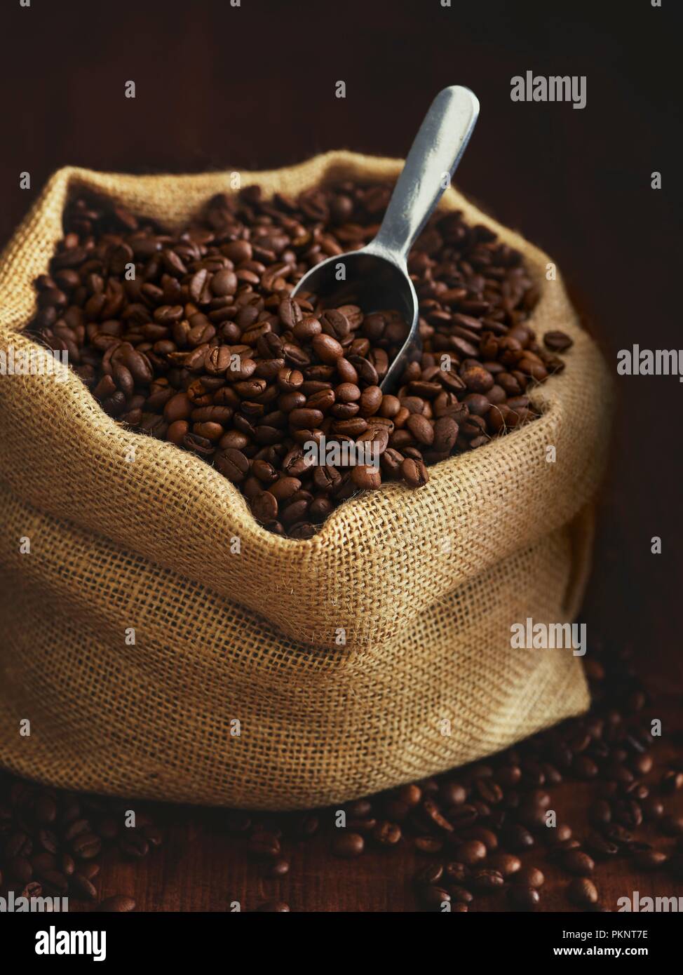 Saco lleno de granos de café. Foto de stock