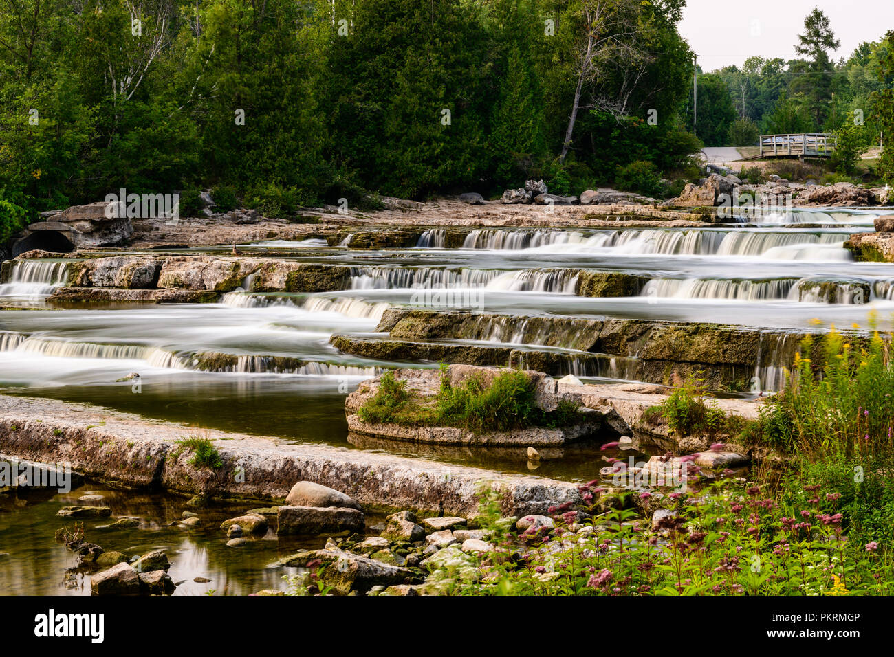 La larga exposición de Sauble Falls suave con agua que fluye sobre las rocas con árboles y arbustos en el fondo Foto de stock