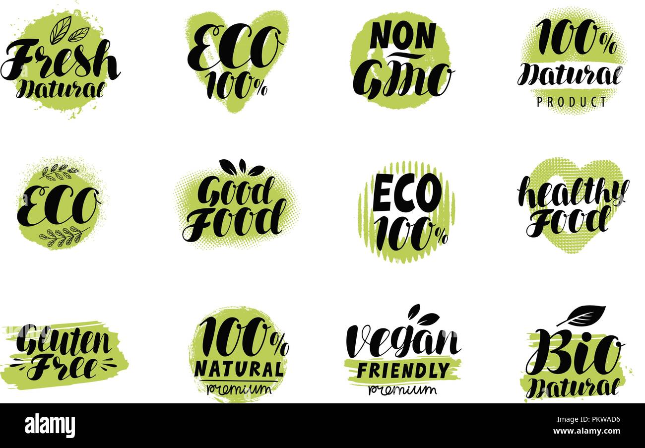 Natural y orgánico, logotipo o etiqueta. Conjunto Eco insignias. Rotulación vector Ilustración del Vector