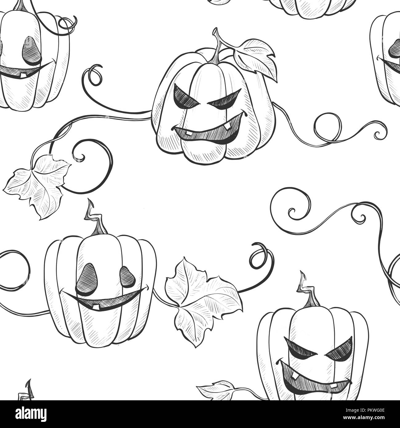 Halloween patrón sin fisuras con calabazas. Boceto de tinta en blanco y negro Foto de stock